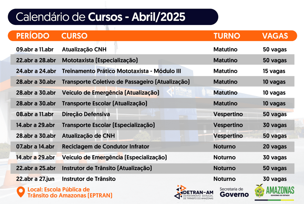 Detran-AM: Escola Pública de Trânsito oferece 405 vagas para cursos gratuitos no mês de abril 5 CALENDARIO CURSOS ABR25 01 2 1024x686 1